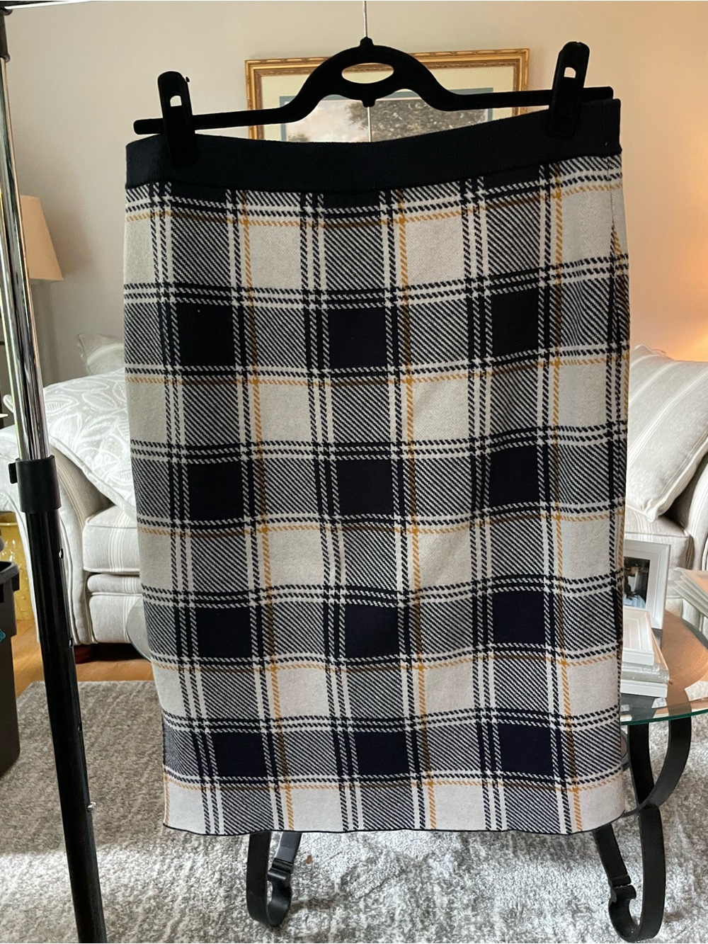 Ann Taylor Navy, Cream and Tan Plaid Pencil Skirt